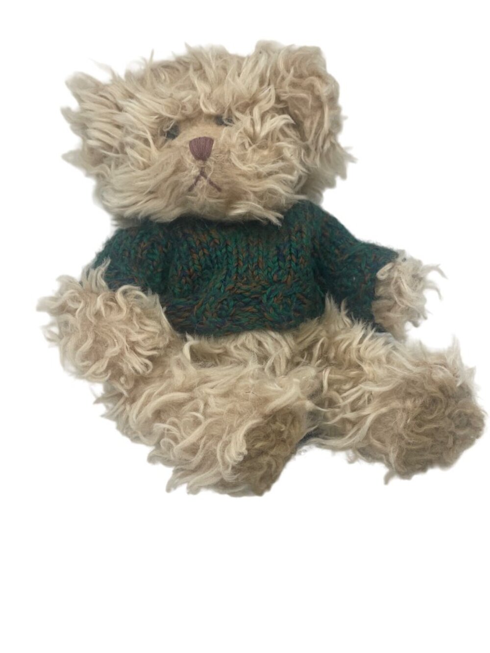 Russ Berrie Radcliffe Curly Hair Tan Bear with Green Sweater 8 inch